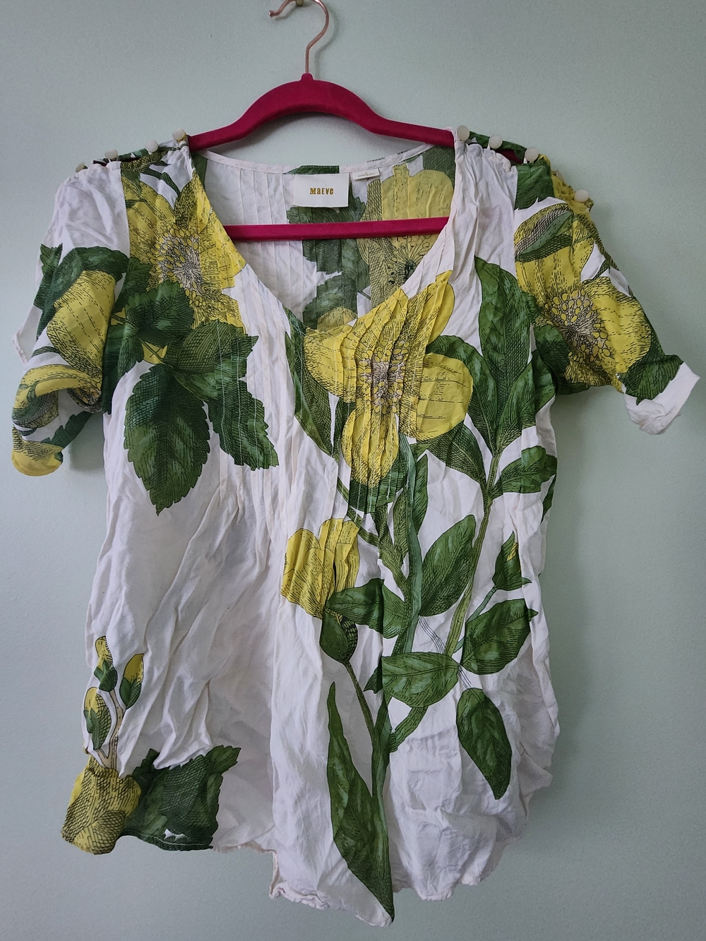 Maeve White V-Neck Blouse with Yellow Floral & Green Leaves